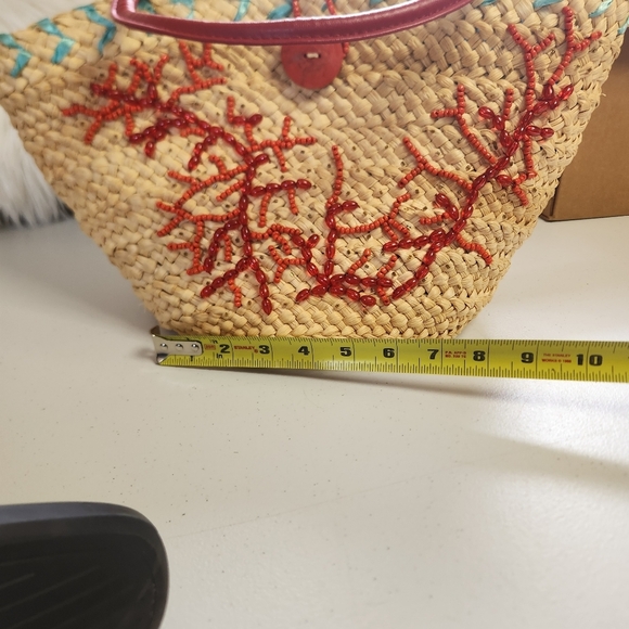 Vintage Woven Straw Raffia Purse Tote Bag Beaded Ocean Red Coral Beach 1970s - Picture 8 of 11